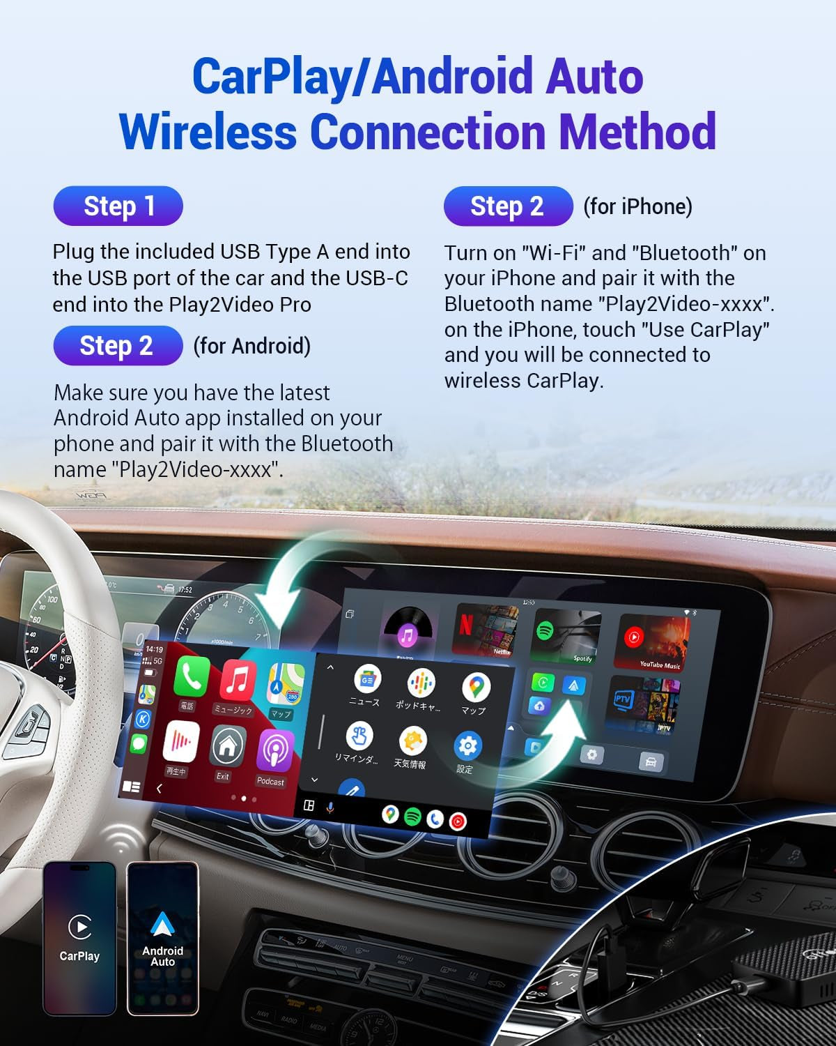 Multimedia Video Adapter Play2Video - Wireless Carplay Android Auto Car Adapter Bulit in Youtube Netflix, Carplay Video Streaming AI Box Support USB Multimedia, Easy to Setup, Plug & Play