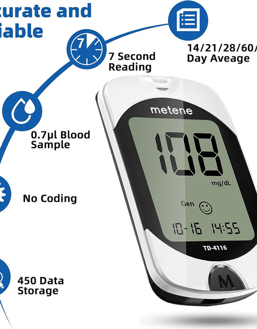 Load image into Gallery viewer, TD-4116 Blood Glucose Monitor Kit, 100 Glucometer Strips, 100 Lancets, 1 Blood Sugar Monitor, Blood Sugar Test Kit with Control Solution, Lancing Device, No Coding, Large Display
