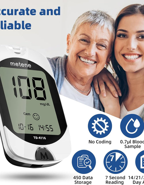 Load image into Gallery viewer, TD-4116 Blood Glucose Monitor Kit, 100 Glucometer Strips, 100 Lancets, 1 Blood Sugar Monitor, Blood Sugar Test Kit with Control Solution, Lancing Device, No Coding, Large Display
