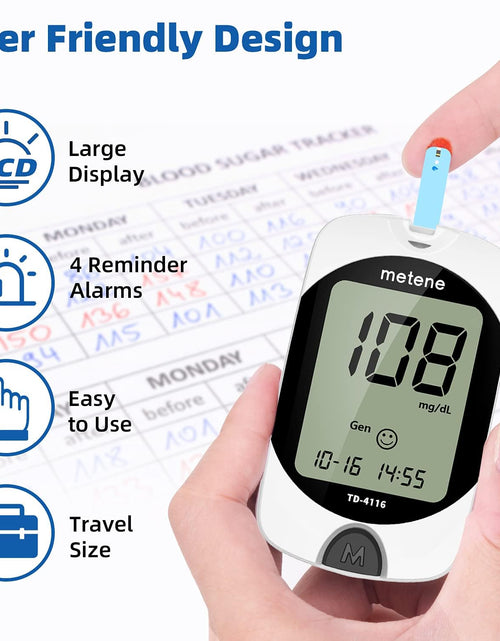 Load image into Gallery viewer, TD-4116 Blood Glucose Monitor Kit, 100 Glucometer Strips, 100 Lancets, 1 Blood Sugar Monitor, Blood Sugar Test Kit with Control Solution, Lancing Device, No Coding, Large Display
