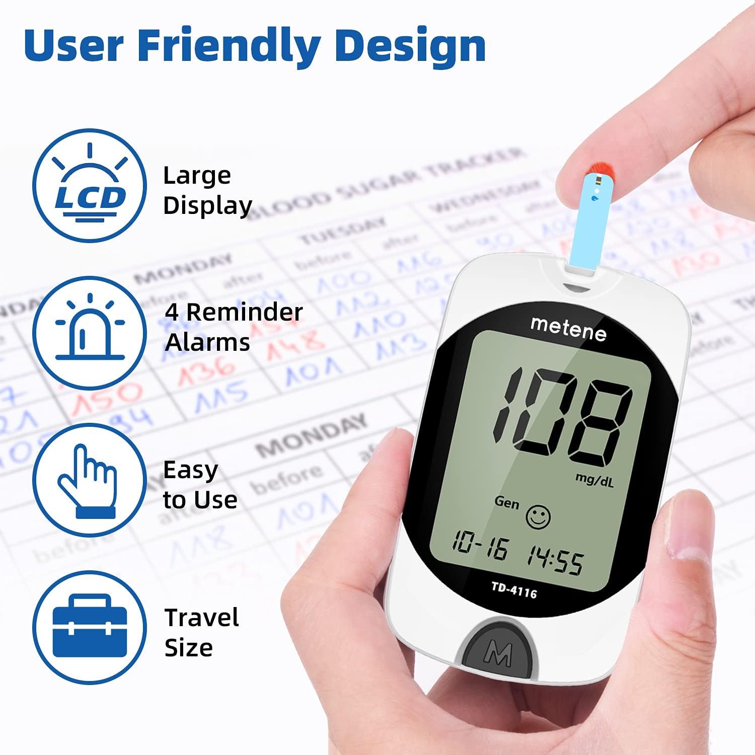 TD-4116 Blood Glucose Monitor Kit, 100 Glucometer Strips, 100 Lancets, 1 Blood Sugar Monitor, Blood Sugar Test Kit with Control Solution, Lancing Device, No Coding, Large Display