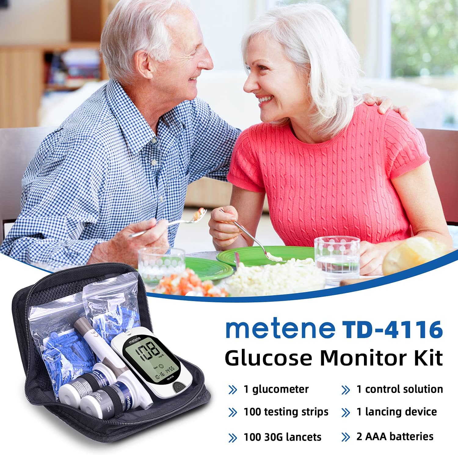 TD-4116 Blood Glucose Monitor Kit, 100 Glucometer Strips, 100 Lancets, 1 Blood Sugar Monitor, Blood Sugar Test Kit with Control Solution, Lancing Device, No Coding, Large Display