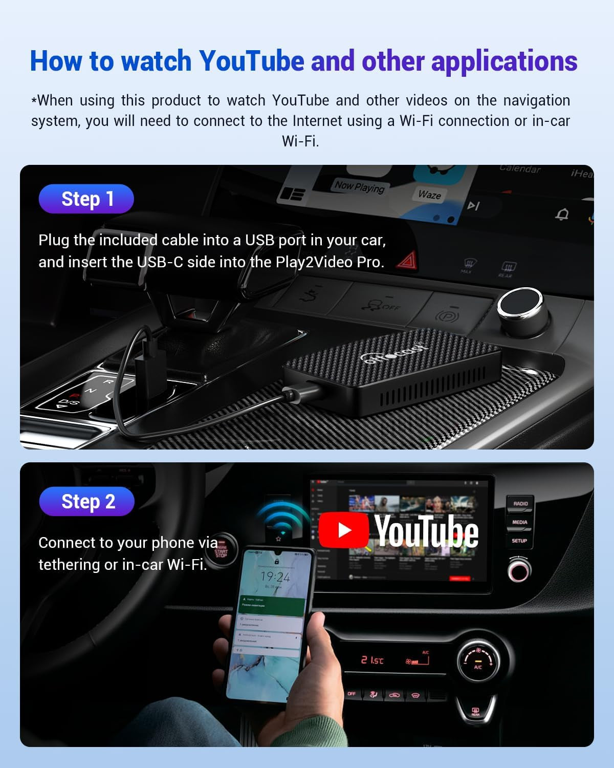 Multimedia Video Adapter Play2Video - Wireless Carplay Android Auto Car Adapter Bulit in Youtube Netflix, Carplay Video Streaming AI Box Support USB Multimedia, Easy to Setup, Plug & Play