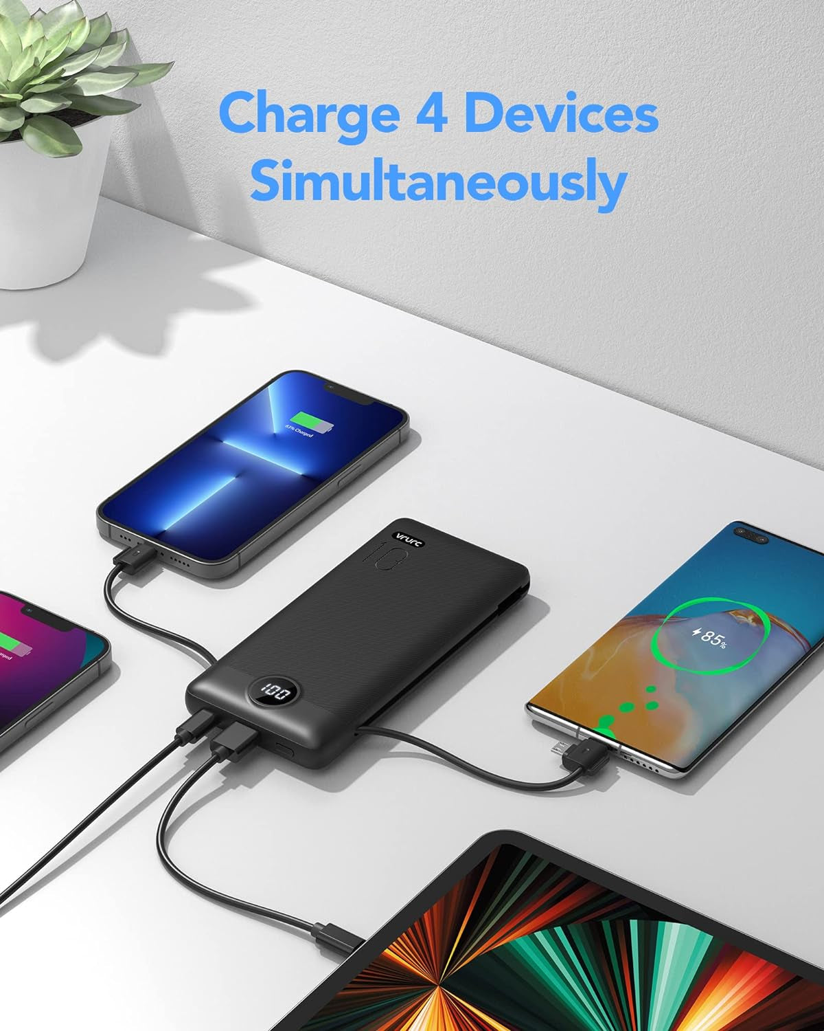 Portable Charger for Iphone with Built-In Cables & Wall Plug,  10000Mah Power Bank USB C Phone Charger, LED Display Slim External Battery Pack for Iphone Samsung More Devices-Black