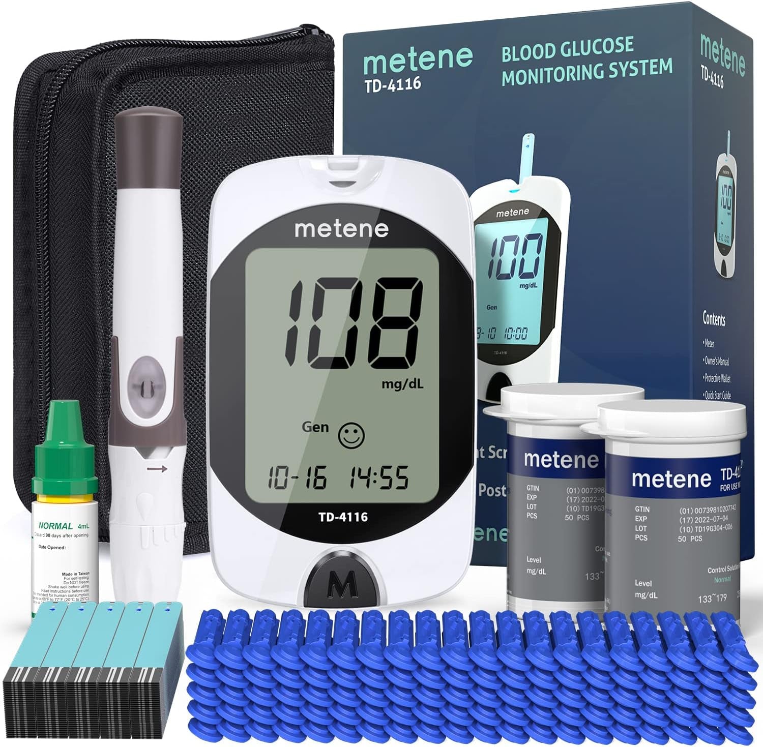 TD-4116 Blood Glucose Monitor Kit, 100 Glucometer Strips, 100 Lancets, 1 Blood Sugar Monitor, Blood Sugar Test Kit with Control Solution, Lancing Device, No Coding, Large Display