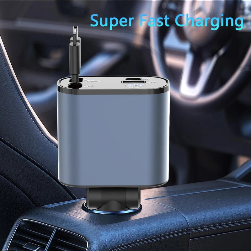 2024 New Retractable Car Charger 4 In1 Fast Car Phone Charger 66W Retractable Cables (2.6Ft) and 2 USB Ports Car Charger Adapter