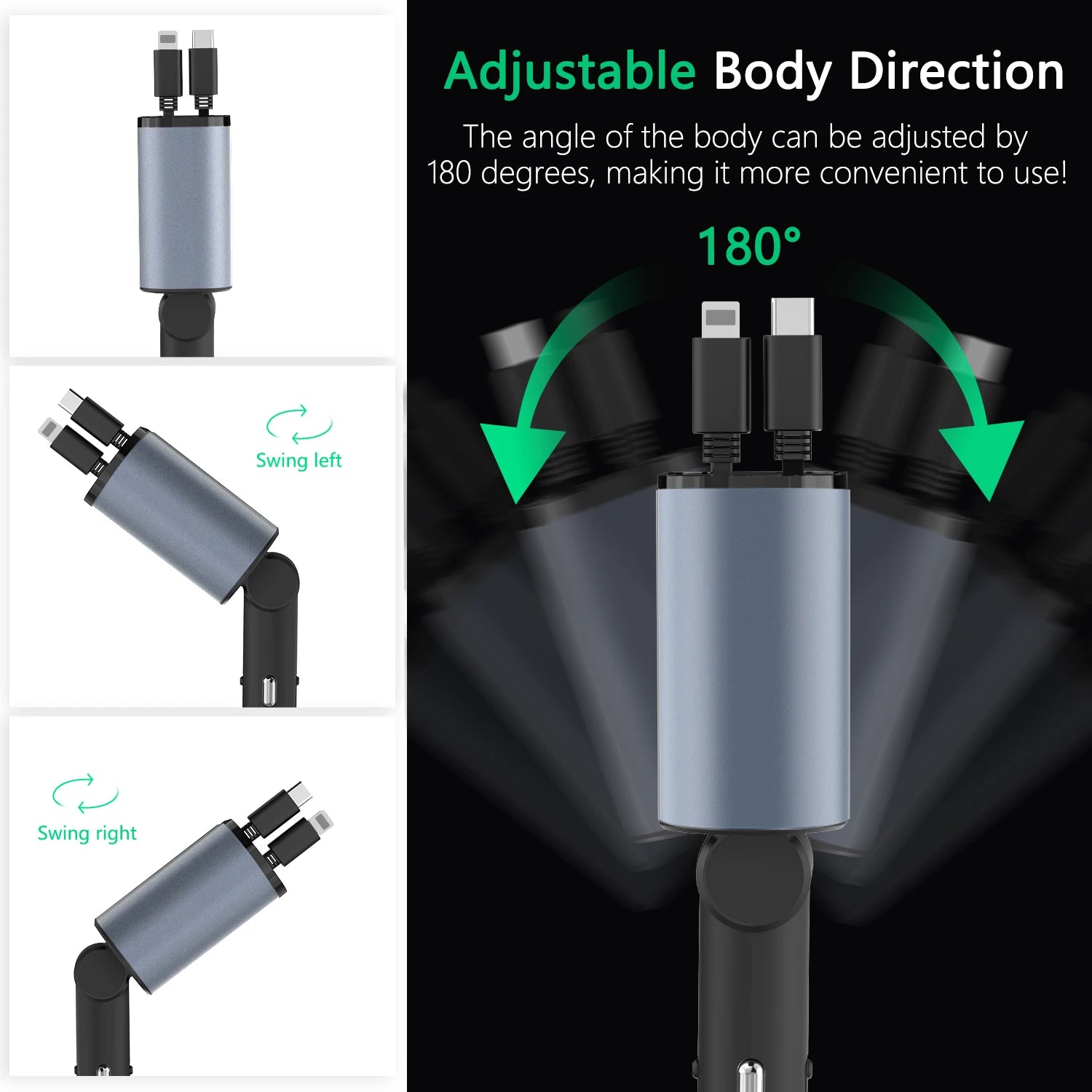 2024 New Retractable Car Charger 4 In1 Fast Car Phone Charger 66W Retractable Cables (2.6Ft) and 2 USB Ports Car Charger Adapter